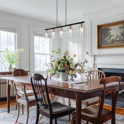 Modern Farmhouse 5/6-Light Black Gold Chandelier Glass Linear Island Lights for Dining Room