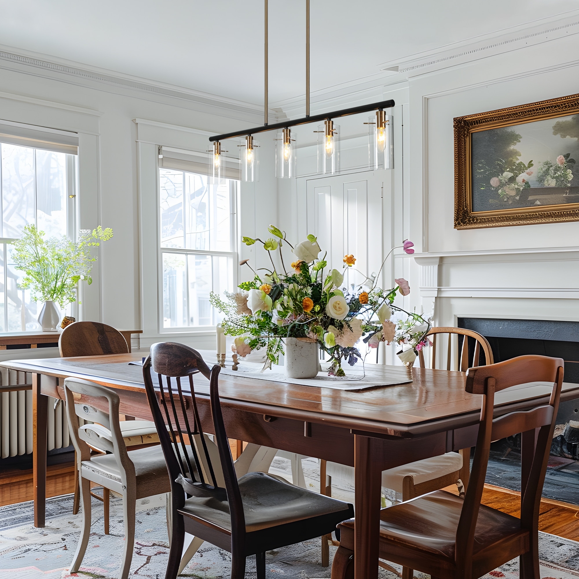 Modern Farmhouse 5/6-Light Black Gold Chandelier Glass Linear Island Lights for Dining Room