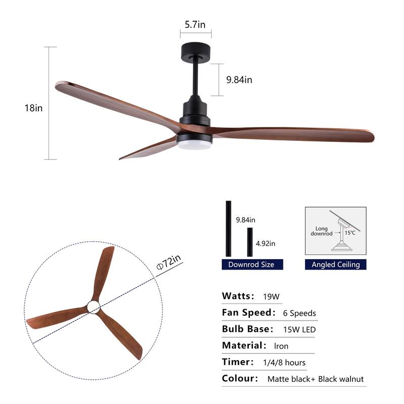 72" Ceiling Fan w/ Light 3 Solid Wood Blades Remote Control Reversible DC Motor