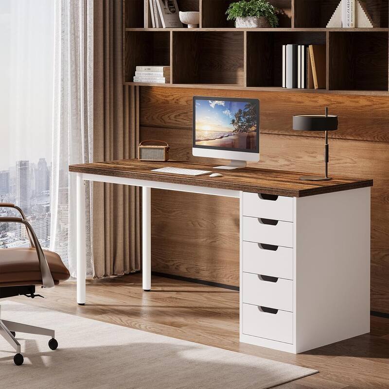 Modern Computer Desk with 5 Reversible Drawers, Storage Home Office Desk, PC/Laptop Desk, Study Writing Table Workstation