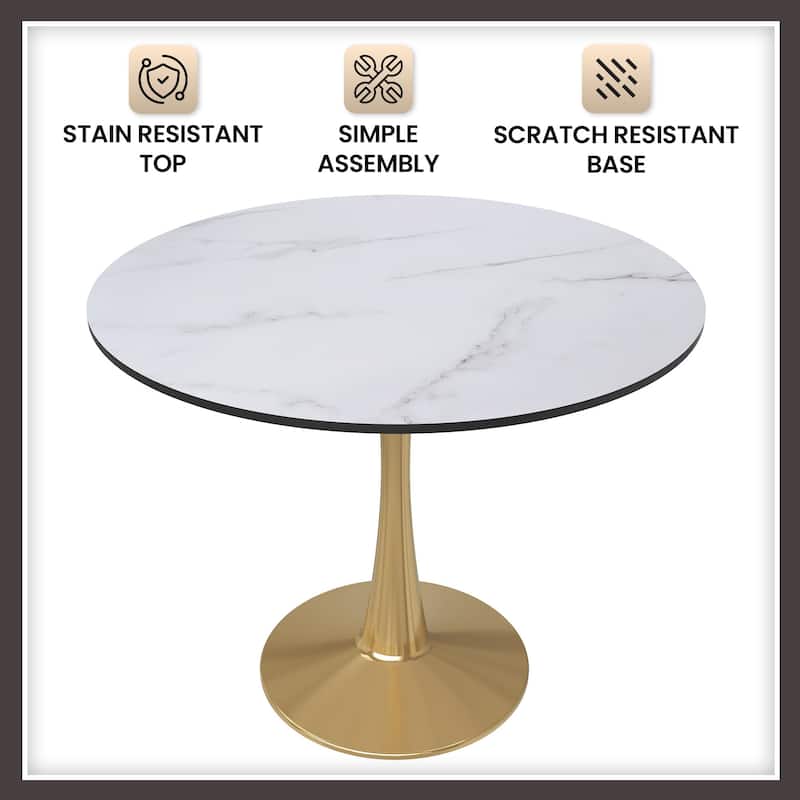 Bristol 31-inch Round Dining Table, Gold Pedestal Base Kitchen Table, Easy-Clean Scratch Resistant Surface, Floor Protectors