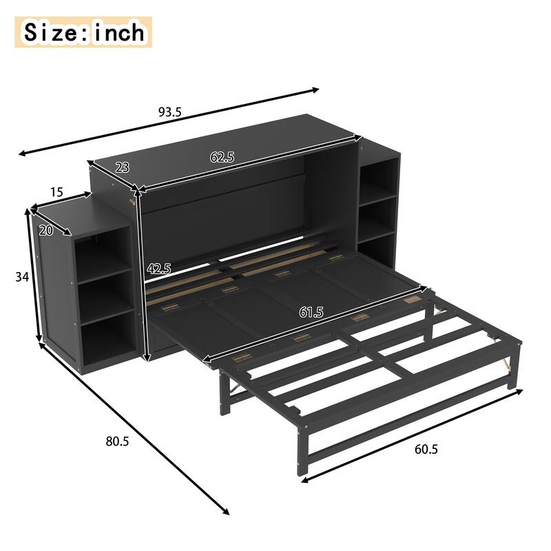 Foldable Wall Cabinet Queen Murphy Bed with Drawers and Open Shelves