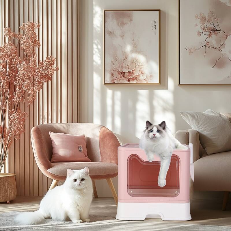Cat Litter Box with X-Large Litter Mat and Scoop, Large Foldable Litter Box with Lid, Enclosed Kitty Box,Front Top Entry Exit