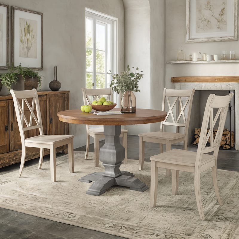 Ronda 45" Round Solid Wood Top Dining Set with X-Back Chairs - Antique Grey Table - Antique White Chairs w Antique Grey Table