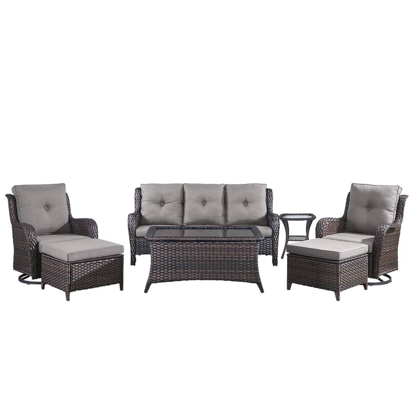 Pocassy Outdoor 7PCS 3-Seat Sofa Swivel Chairs Table Ottoman