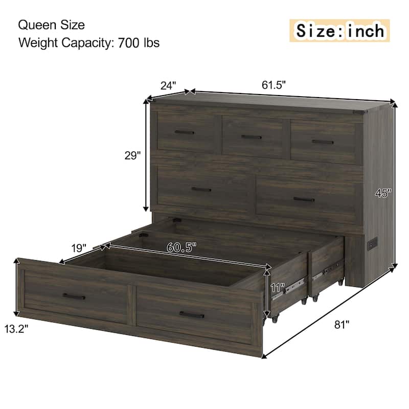Foldable Murphy Bed Cabinet Full/Queen with USB & Type-C Ports and Storage Drawer for Guest Room