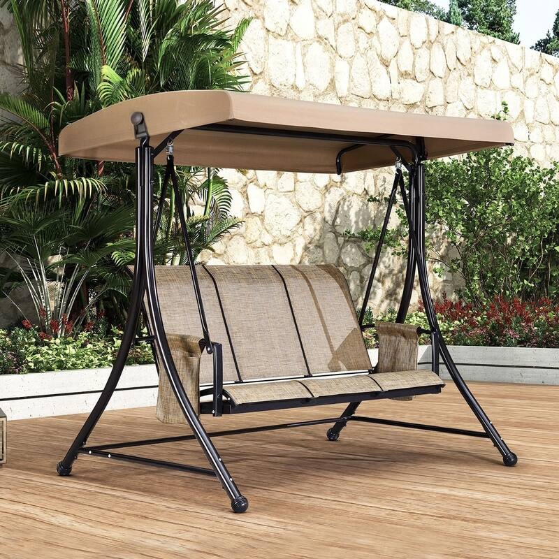 PURPLE LEAF Deluxe Outdoor Patio Porch Swing with Weather Resistant Steel Frame, Adjustable Tilt Canopy, Beige - 3 person