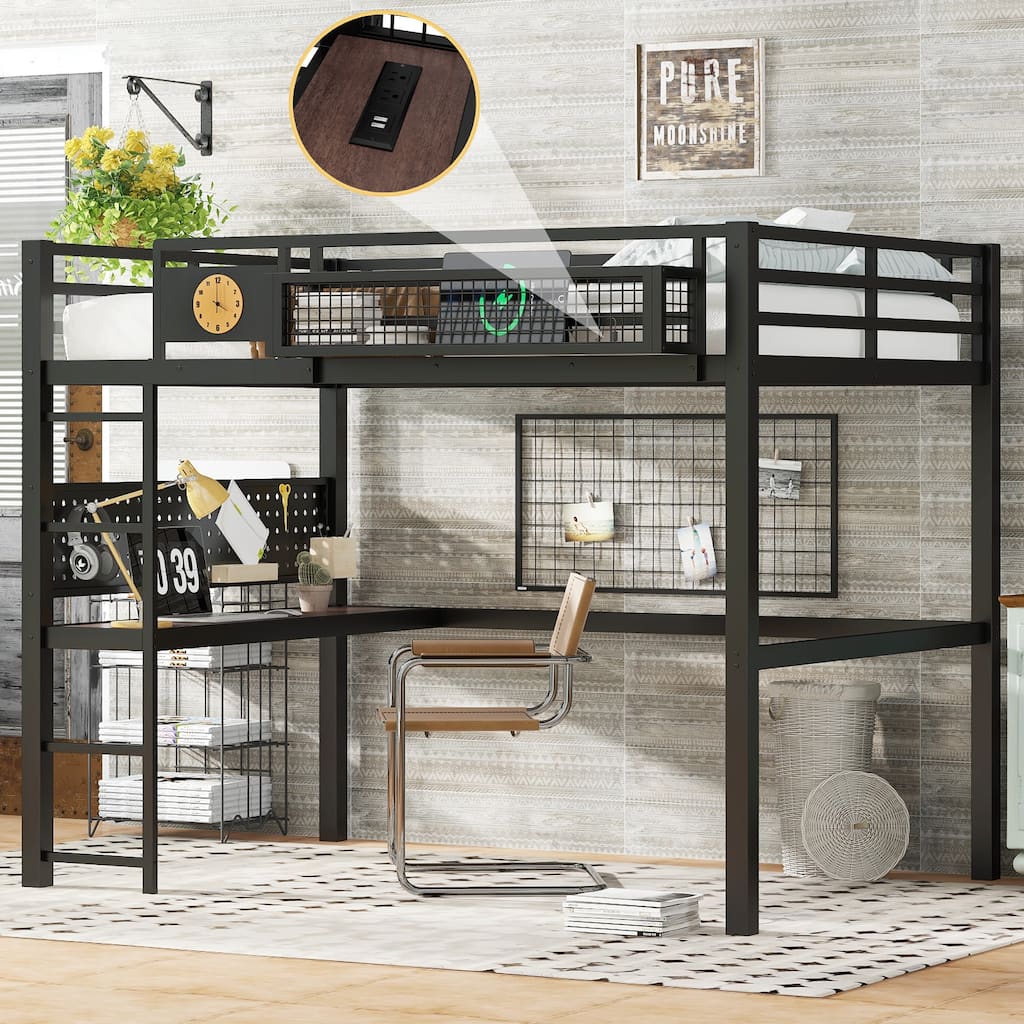 Queen Size Loft Bed Frame with desk, storage basket,Metal Loft Bed with clock,and charging port,black
