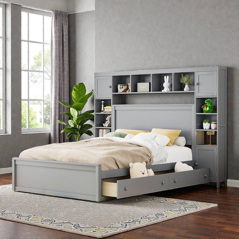 Queen Size Wooden Platform Bed with Storage Drawers, Shelves and Built-In Outlets, All-in-One Headboard Bed