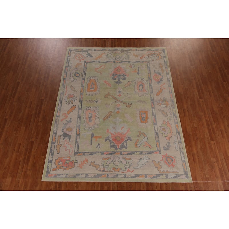 Hand Knotted Oriental 100% Wool Carpet Transitional All-Over Green Oushak Area Rug - 11' 4'' X 8' 8''