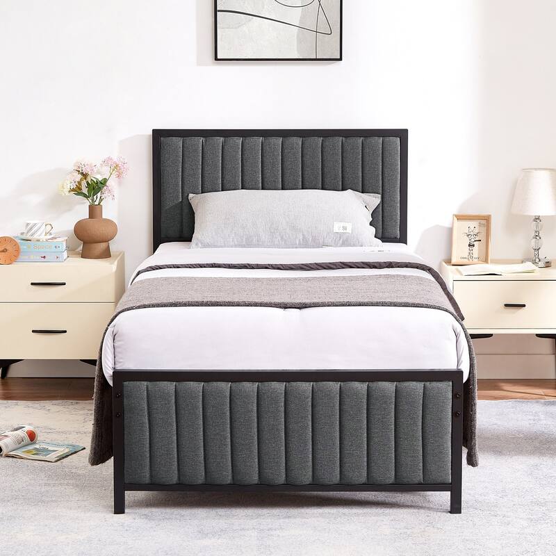 Javlergo Bed Frames with Upholstered Tufted Headboard and Footboard, Heavy Duty Steel Slats Platform, No Box Spring Needed - Grey - Twin