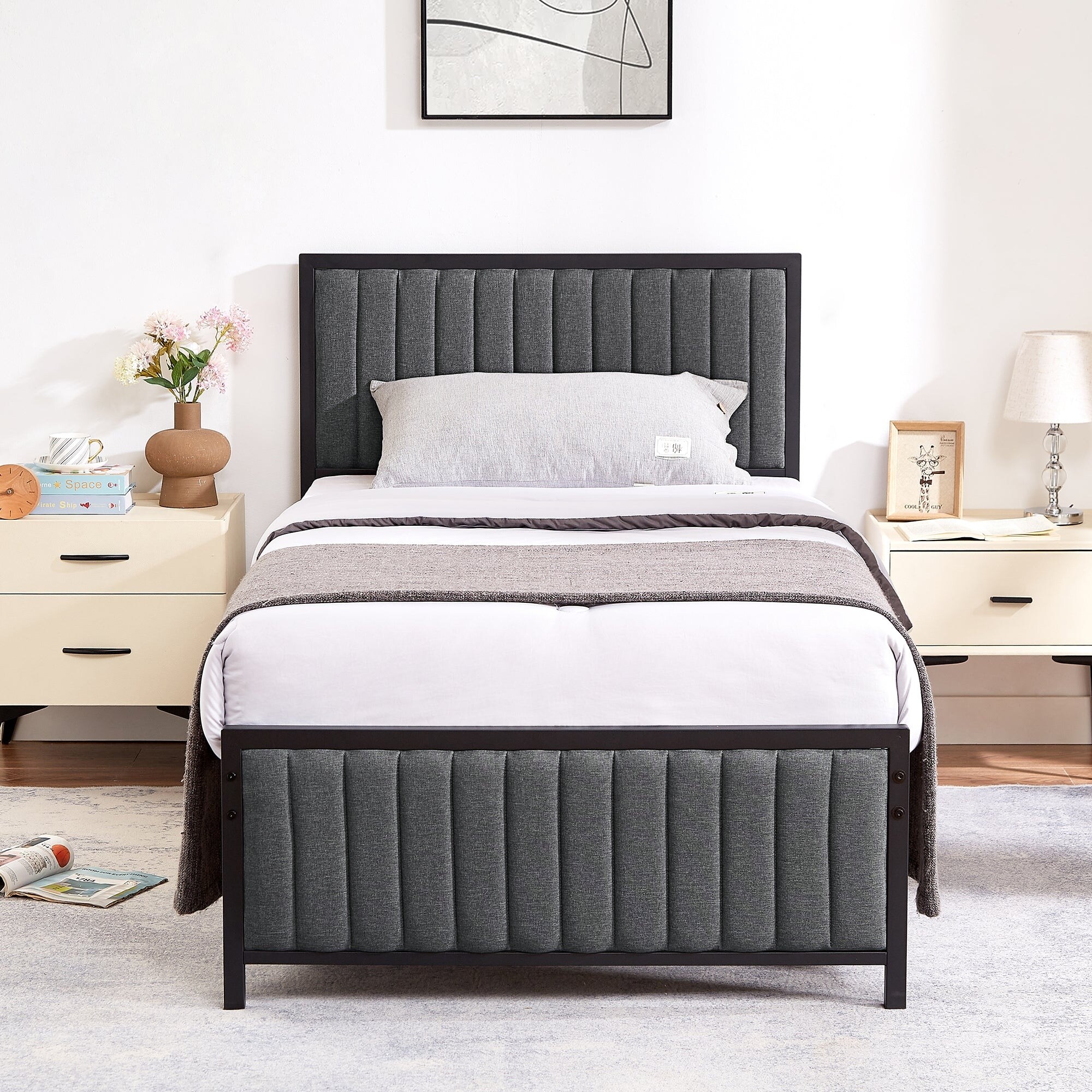 Durable Twin Bed Frame Set with Upholstered Tufted Headboard by Javlergo-image