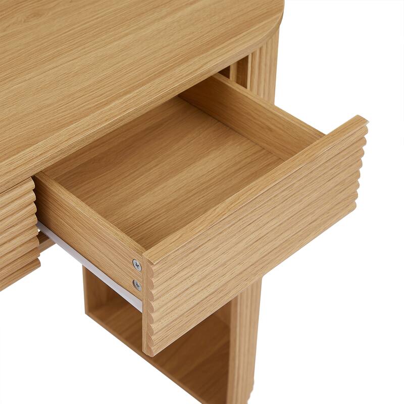 Retro Console Table with Storage, 3 Drawers, 1 Table-Leg Niche, Round Slat Aesthetic, Entryway, Living Room & Hallway