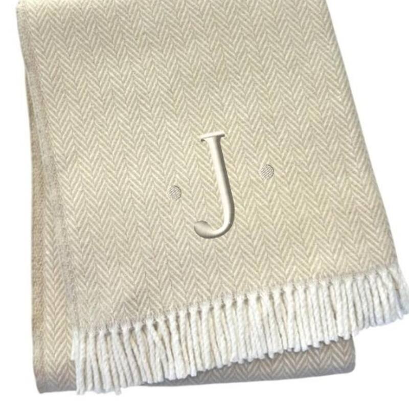 HomeRoots 55" X 70" Linen And White Herringbone Cotton Blend J Throw Blanket with Tassels And Embroidery