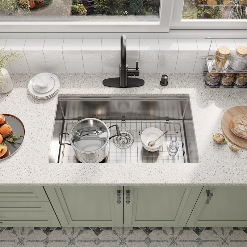 Nano Brushed Stainless Steel Undermount Workstation Kitchen Sink with Touchless Pull-Down Kitchen Faucet and Accessories