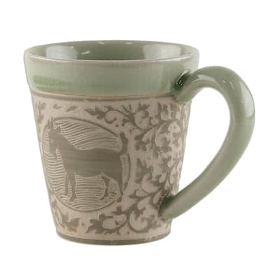 Handmade Thai Zodiac Goat Celadon ceramic mug (Thailand)