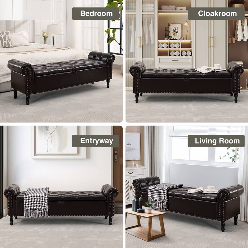 67" Velvet or PU Tufted Storage Bench for Bedroom End of Bed with Roll Arms