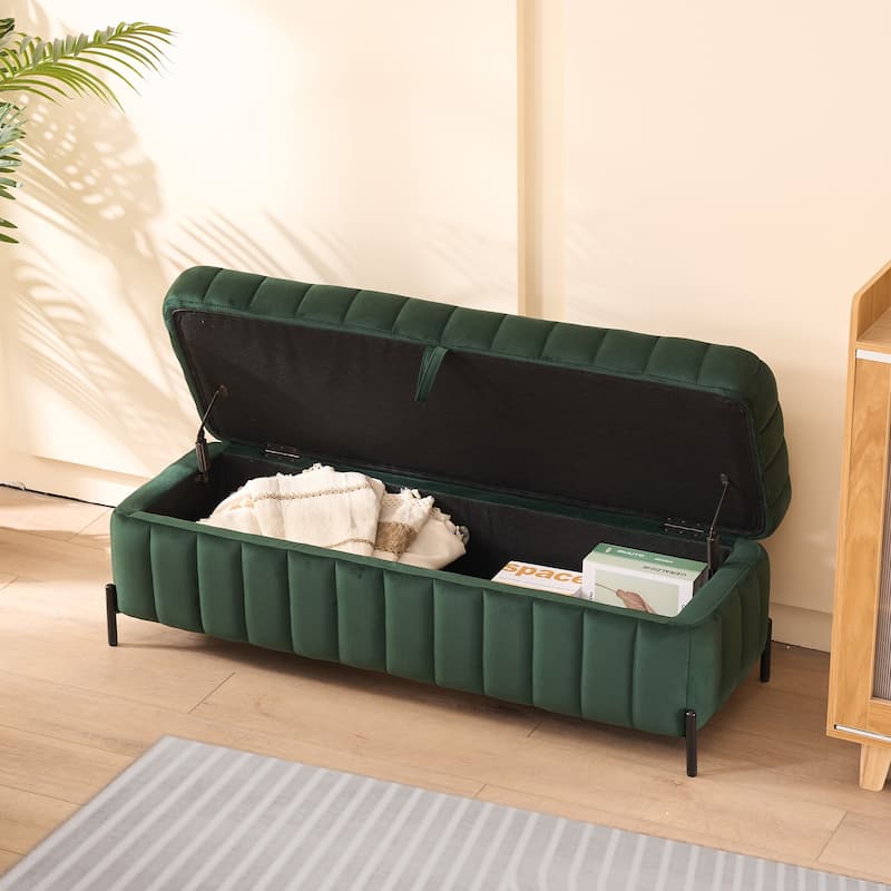 49.21" Velvet Upholstered Storage Bench, End of Bed Footstool Ottomanwith Metal Legs, Foot Rest for Bedroom, Entryway