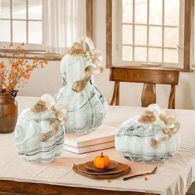 Glitzhome Fall Harvest Gray Marble Glass Pumpkin & Gourd Chinese Ink Wash Painting Style for Thanksgiving Decor (Set of 3)
