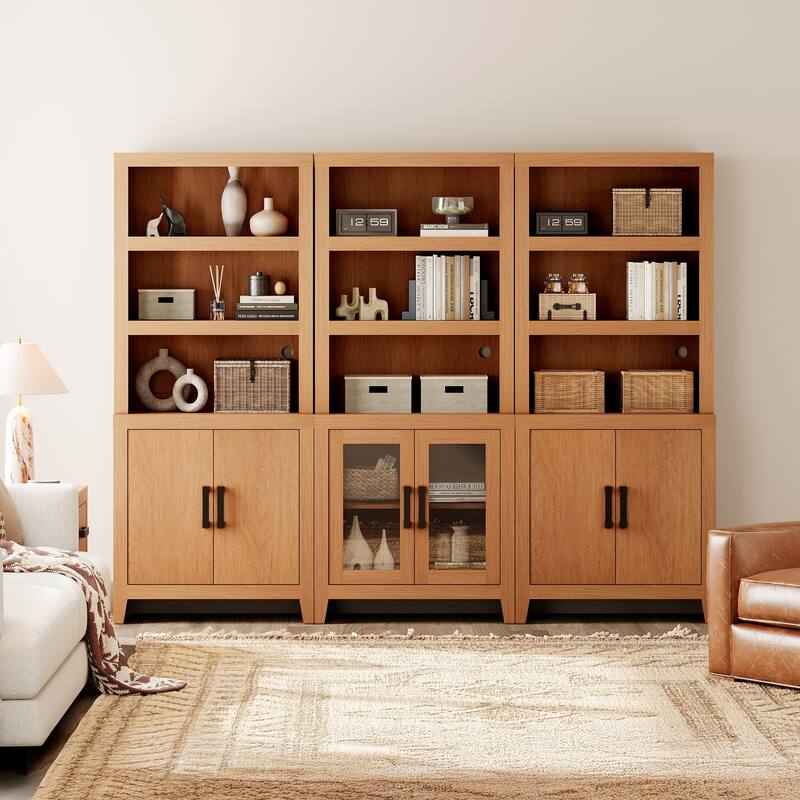 WAMPAT Tall Bookshelf with Doors, Farmhouse Bookcase with Open Shelves for Living Room & Home Office