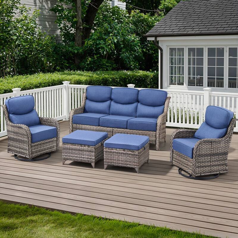 Arcadia 5-Piece Wicker Patio Conversation Set with Swivel Gliders and 6-Inch Thick Olefin Cushions