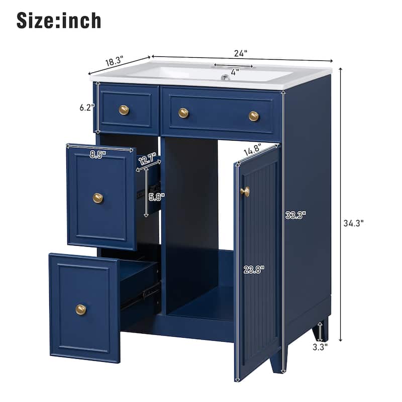 24'' Bathroom Vanity with Ceramic Sink Top, Freestanding Bathroom Vanity Cabinet with 2 Drawers and 1 Soft Close Door