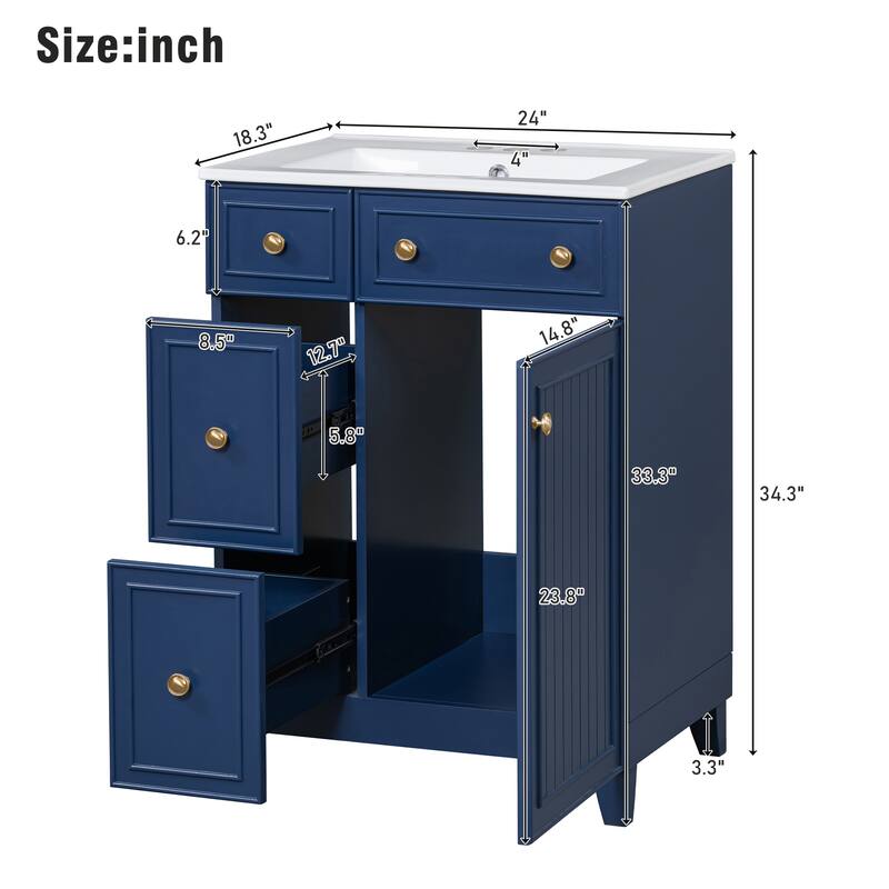 24 Inch Bathroom Vanity Cabinet with Ceramic Sink, 2 Drawers & Door, Bathroom Storage Cabinet Free-standing Single Sink Cabinet