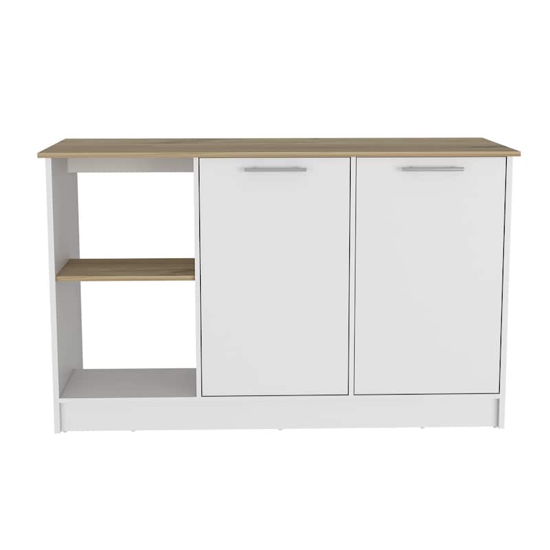 TUHOME Juniper Kitchen Island with Large Top Surface, Double Door Cabinet, and Open Shelves