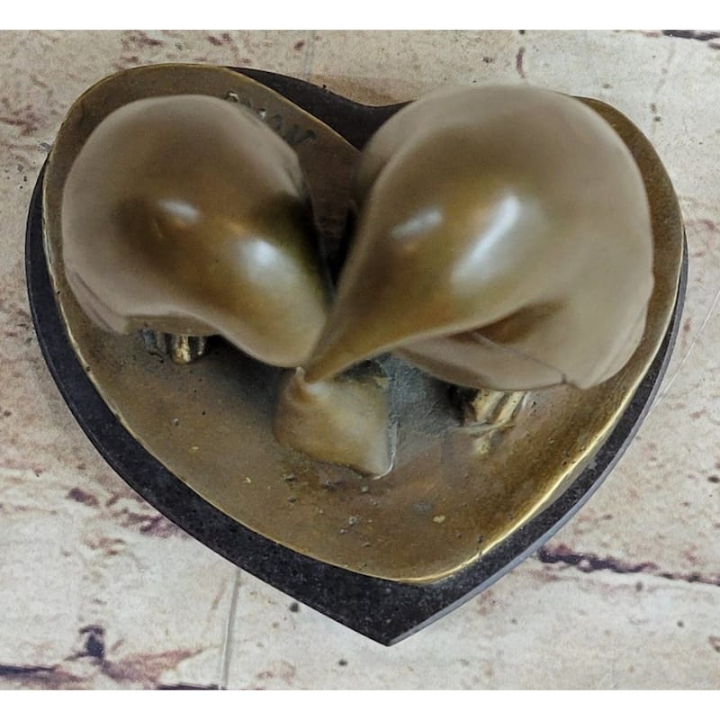 Penguin Family On Heart Shaped Marble Base Bronze Statue Figure Sculpture 8 Inches X 6 Inches