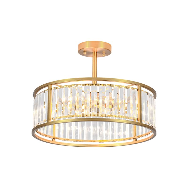 4-Light Mid-Century Modern Black/Gold Drum Crystal Semi-Flush Mount Ceiling Light