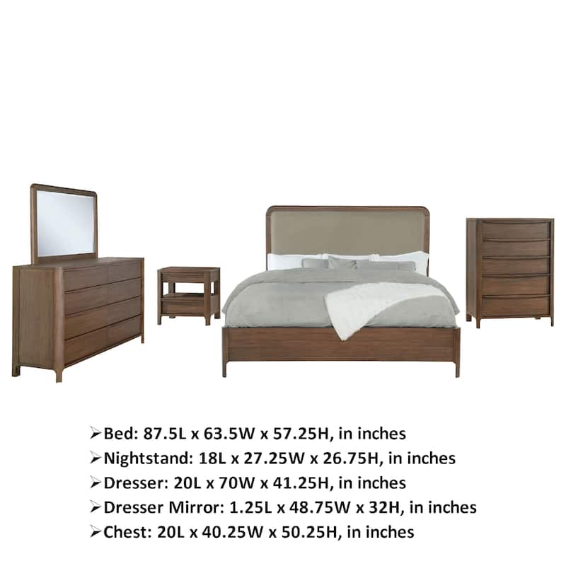 Rie 5pc Queen Bedroom Set with Dresser Mirror, Brown, Beige Upholstery