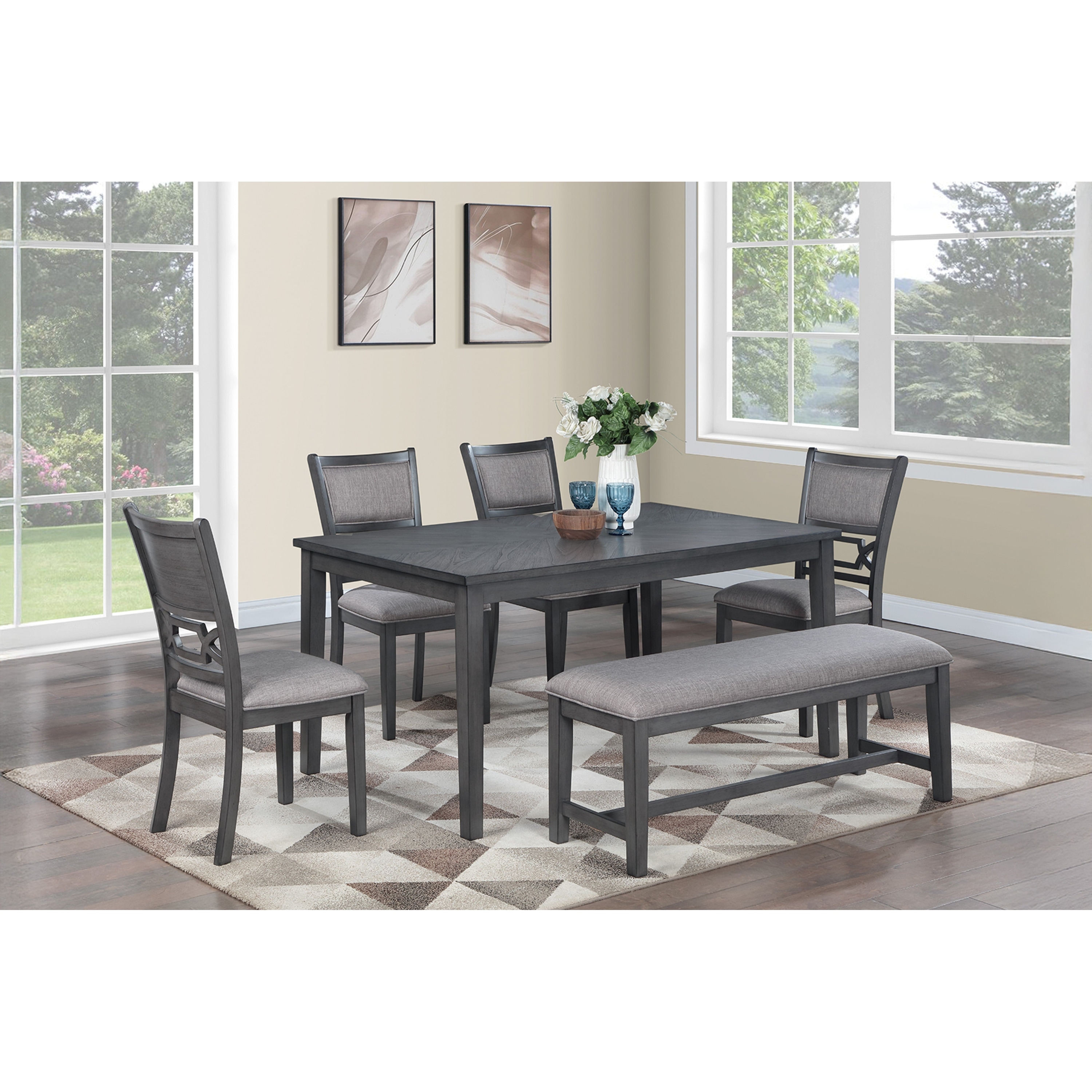 Gray Finish 6pc Dining Room Set Padded Seat Dual Panel Backrest