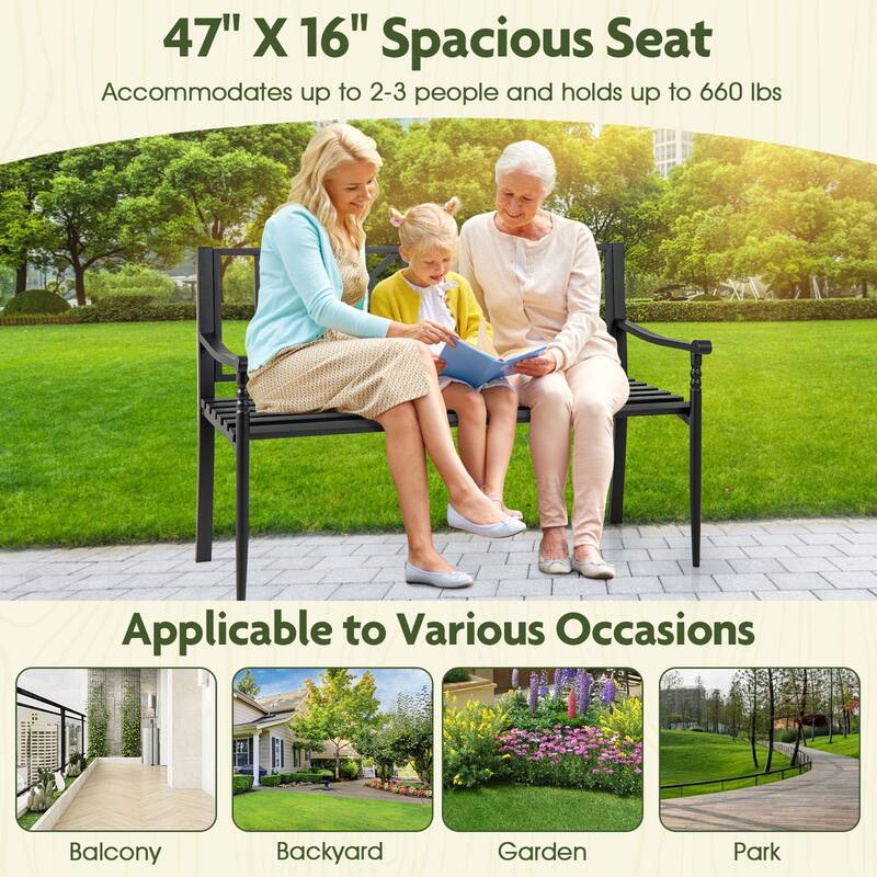 Gymax 51'' Metal Bench Slatted Garden Bench for 2-3 People Patio