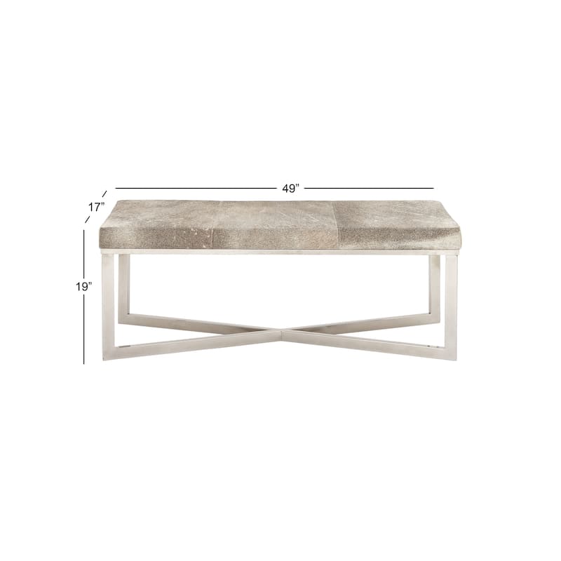 Leather Handmade Cowhide Bench with Silver Metal Base - Gray - Roche River Decor - 17"Wx49"Lx19"H