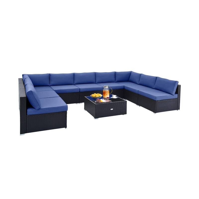 10 Piece Outdoor Wicker Conversation Set with Seat and Back Cushions - 29" x 25" x 25"