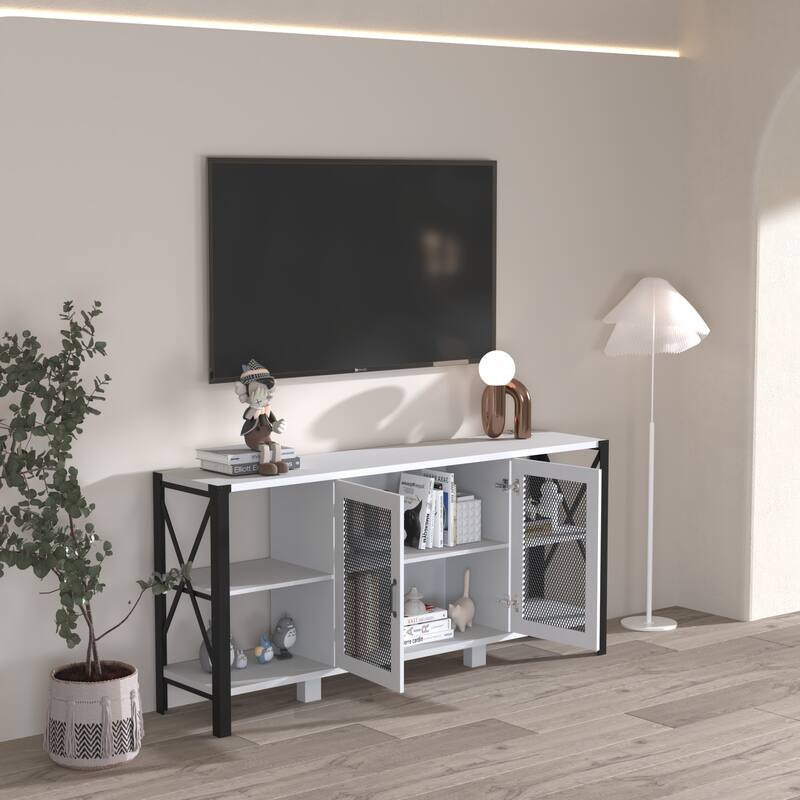 Industrial TV Stand for Living Room, Farmhouse TV Stand 80 Inch Television Stand, Horizontal Wood and Metal Open Bookshelf