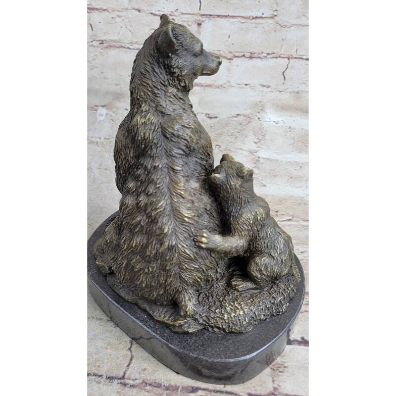 Signed Original Grizzly Bear With Her Two Cubs Bronze Sculpture Statue Figurine