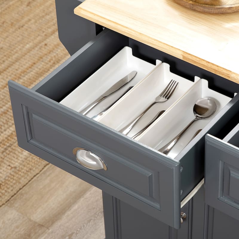 Kitchen Island with Storage, Rolling Kitchen Serving Cart with Rubber Wood Top, Storage Drawer and Cabinet