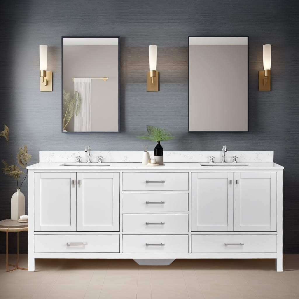 Prismatica 84 in. White Vanity with Top, Double Sinks