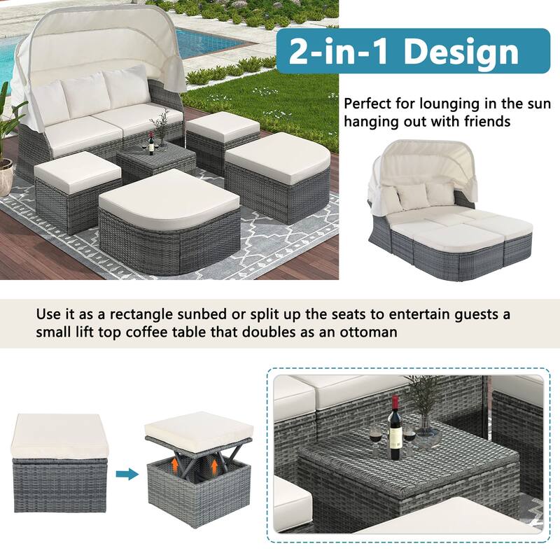 6-Pieces Outdoor Patio Rattan Round Daybed Sunbed Set with Retractable Canopy and Lift Table