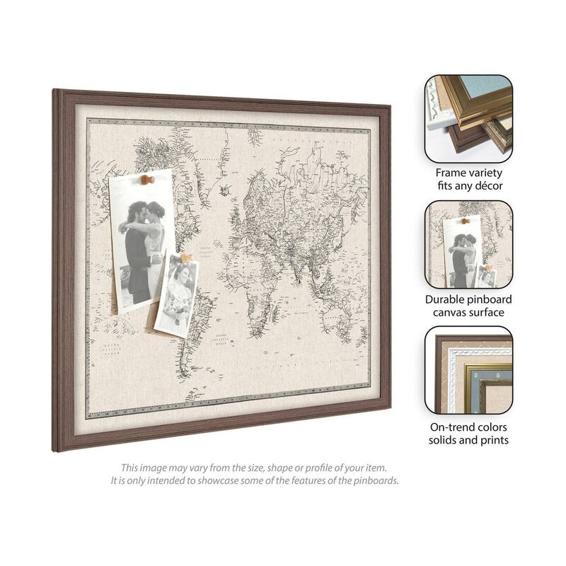 Kate and Laurel Framed Fabric Pinboard Vintage Black and White Linen World Map Wall Organization