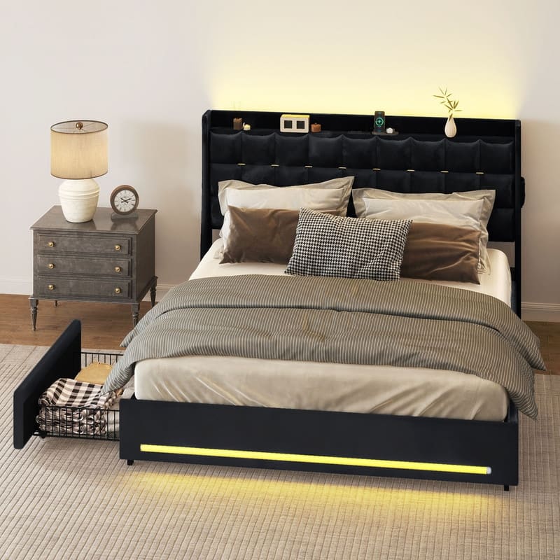 Moasis King Size Velvet Platform Bed with 4 Drawers,Bed Frames with RGB Light & Built-in Charging Station