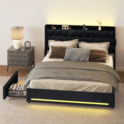 Moasis King Size Velvet Platform Bed with 4 Drawers,Bed Frames with RGB Light & Built-in Charging Station