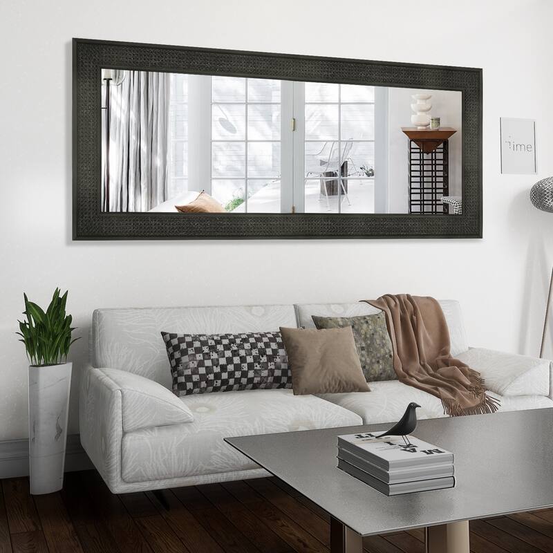 Faux Wooden Frame Rattan Farmhouse Style Rectangle Wall Mirror