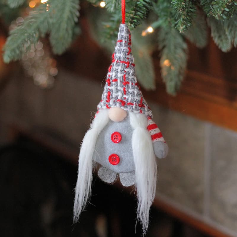 Santa's Helper Gnome with Plaid Hat Christmas Ornament - 6" - Gray and Red