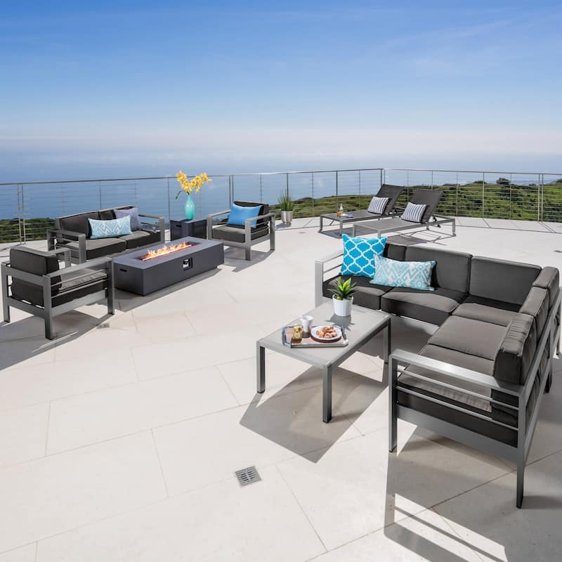 Cape Coral Aluminum 11-piece Estate Patio Collection with Fire Table by Christopher Knight Home - White Fire Pit