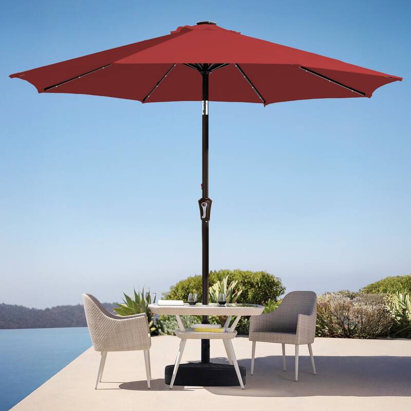 9ft Patio Market Umbrella with LED Lights,Crank & Tilt - Red