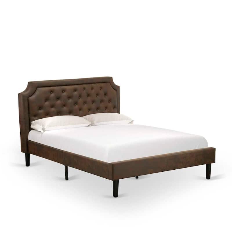 Queen Size Bed Frame - Upholstered Headboard, Wood Rails & Slats - Black Finish