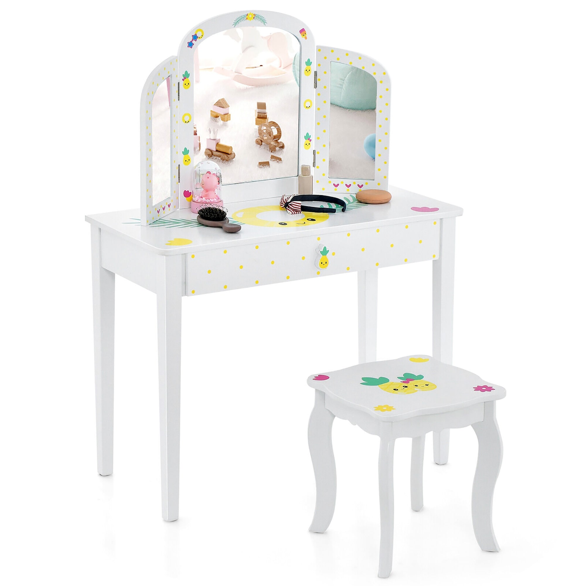 Gymax Kids Vanity Table Set Tri-Folding Mirror Pretend Play Dressing