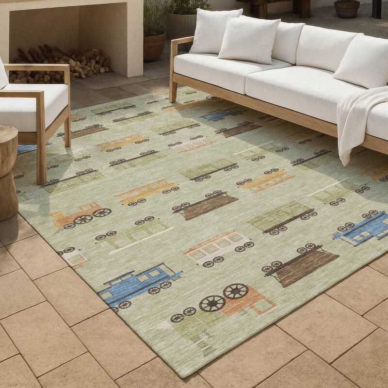 Machine Washable Indoor/ Outdoor Modern Train Chantille Rug - Celery - 5' x 7'6"
